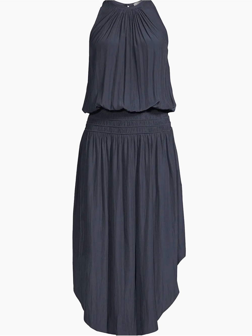 MIOU MUSE SIZE S Sleeveless Midi Dress in Dark Navy - Elegant Pleated Halter